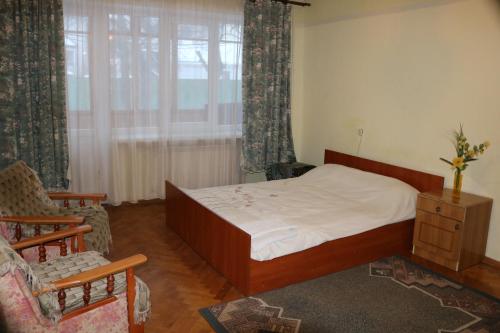 テルノーピリにあるАпартаменти біля озераのベッドルーム1室(ベッド1台、椅子、窓付)