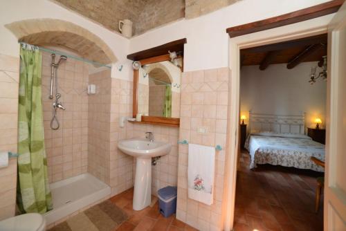 un bagno con lavandino e doccia e un letto di B&B Borgo Marano a Cupra Marittima