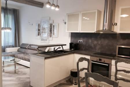 Il comprend une cuisine et un salon avec un canapé. dans l'établissement Beautiful apartment Rue De La Croix Vieux Nice, à Nice