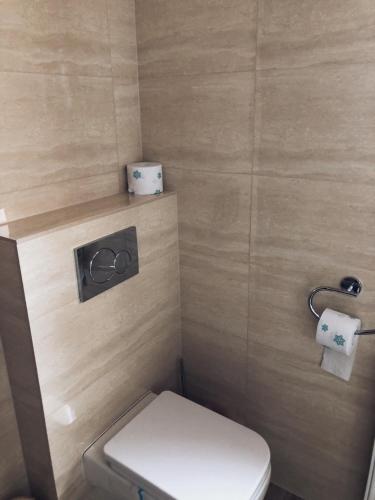 a small bathroom with a toilet and two rolls of toilet paper at Chata Diana in Vítkovice