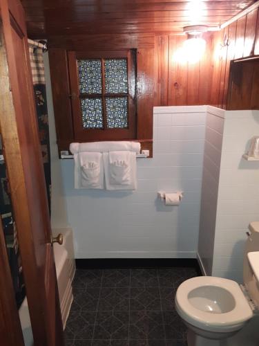 La salle de bains est pourvue de toilettes blanches et d'un lavabo. dans l'établissement The Evening Shade River Lodge and Cabins, à Chimney Rock