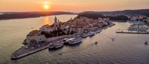 an aerial view of a harbor with boats in the water at Apartments Residence Astoria in Rab