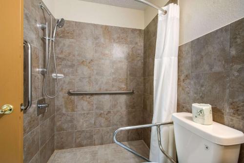 a bathroom with a shower and a toilet at Quality Inn Bloomsburg in Bloomsburg
