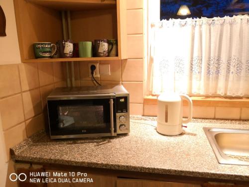 a microwave sitting on a counter in a kitchen at Chata pod pilskom in Sihelné