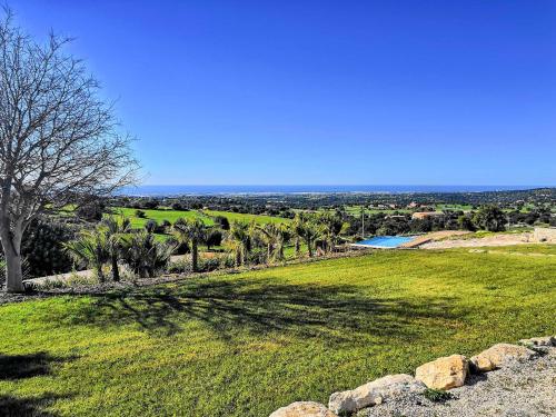 a field of green grass with a tree and a pool at Agriturismo Cozzo di Papaleo in Ragusa