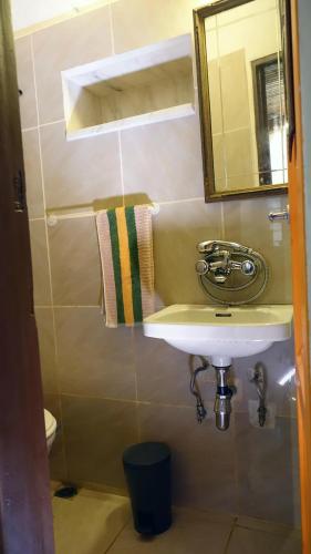 a bathroom with a sink and a mirror at The old olive mill house in Aegae