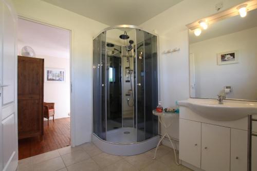 een badkamer met een douche en een wastafel bij Maison Lajus in Bassillon-Vauzé