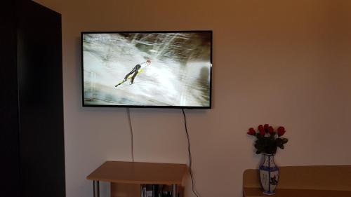 a flat screen tv hanging on a wall at Ferienwohnung Zauberhaft in Bad Soden-Salmünster
