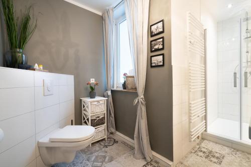 a white bathroom with a toilet and a shower at Zum krummen Hexenbuckel in Bad Grund