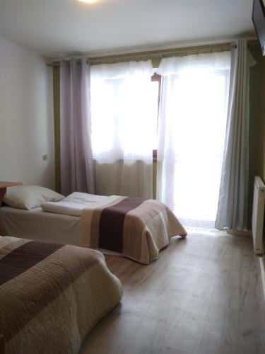 a bedroom with two beds and a large window at Janickowa Ostoja - Noclegi w Zakopanem in Zakopane