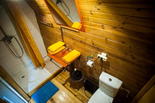a bathroom with a toilet and a wooden wall at Cabañas aloños sociedad limitada in Aloños