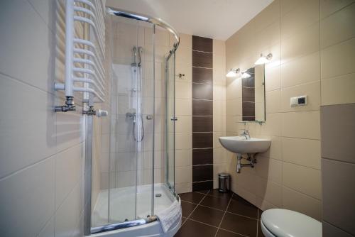 a bathroom with a shower and a toilet and a sink at Pensjonat pod Samowarem in Tylicz