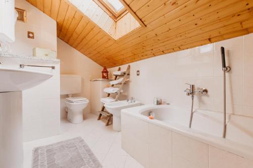 a bathroom with a tub and a toilet and a sink at Baita Meidlnhof in Fierozzo