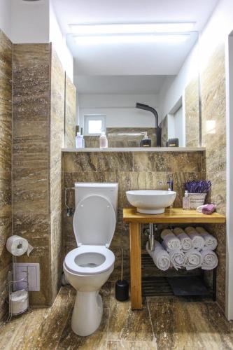a bathroom with a toilet and a sink at Lavender Villa in Mamaia Sat/Năvodari