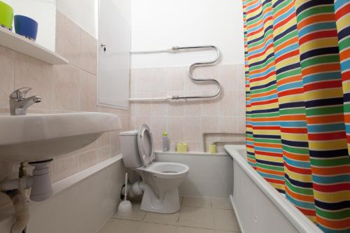 モスクワにあるArtemRoomのバスルーム(洗面台、トイレ、シャワーカーテン付)