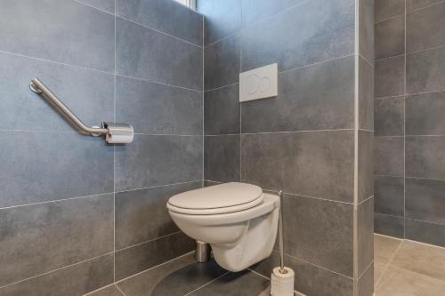 La salle de bains est pourvue de toilettes et d'un mur carrelé. dans l'établissement De Berkenhof Aparthotel, à Nes