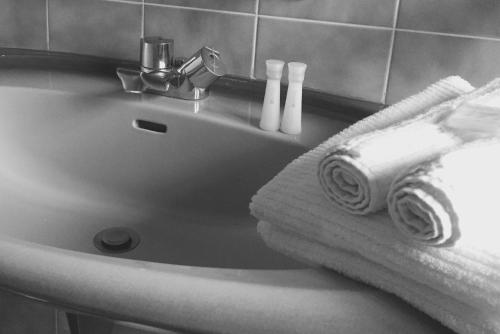 een wastafel in de badkamer met handdoeken en een kraan bij Le moulin régnelot - Chambre d'hôtes in Verdelot