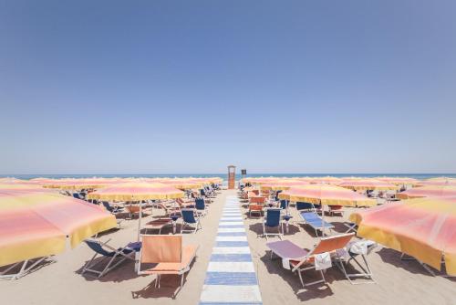 a bunch of chairs and umbrellas on the beach at Hotel Acquario in Vasto