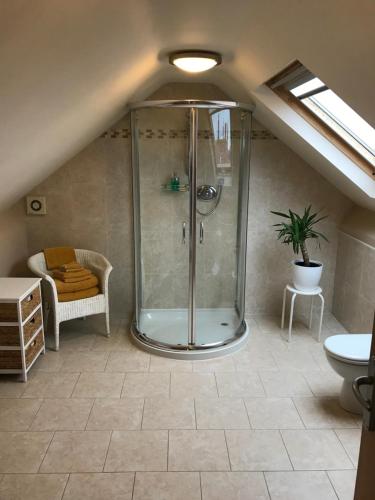 a bathroom with a shower in a attic at Mooredge B&B in Whitby