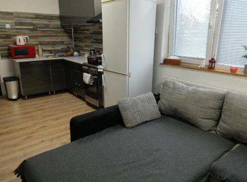 uma sala de estar com um sofá e uma cozinha em Ubytovanie Queen em Nováky