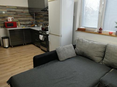 a living room with a couch and a kitchen at Ubytovanie Queen in Nováky