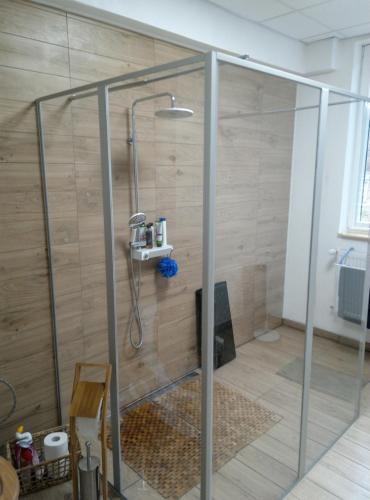 a shower with a glass door in a bathroom at Ubytovanie Queen in Nováky