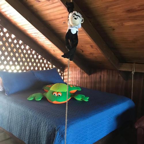 a stuffed animal hanging from the ceiling of a bed at Cabaña rodeada de naturaleza en San Carlos in Quesada