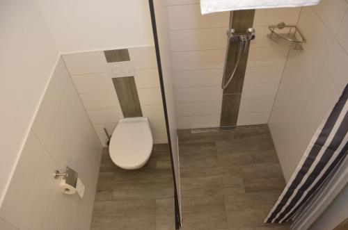 a bathroom with a toilet and a glass shower door at Spreewaldpension Hahn in Alt Zauche