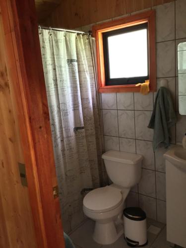 a bathroom with a toilet and a window at Cabañas Jardin Secreto in Licán Ray