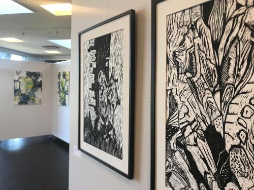a hallway with two framed artworks on the wall at Skærbæk Holiday Center in Skærbæk
