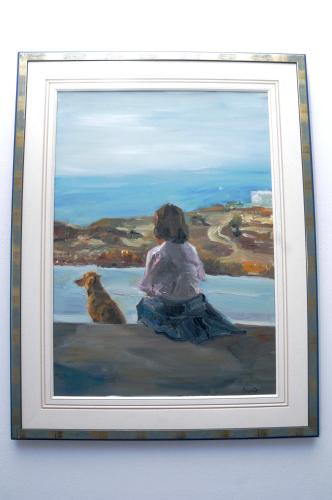 a painting of a woman and a dog in a picture at Aegeo Hotel in Chora Folegandros