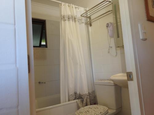 a bathroom with a shower curtain and a toilet at Agradable Casa en Condominio Prados del Mar Tongoy RENOVADA in Tongoy