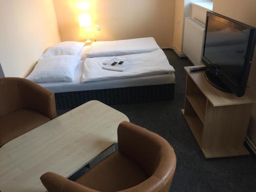 a hotel room with a bed and a flat screen tv at Pension Žacléřský Medvěd in Žacléř