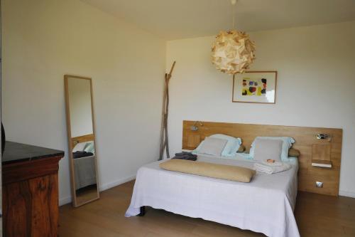 - une chambre avec un lit, un miroir et un lustre dans l'établissement Maison d'architecte avec vue sur les Alpilles, à Villeneuve-lès-Avignon