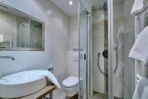 a bathroom with a shower and a toilet and a sink at Solehotel Winterberg in Bad Harzburg