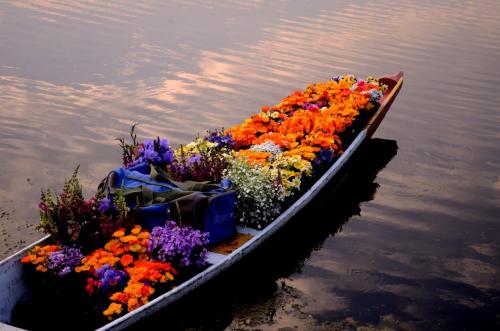 a boat full of flowers in the water at Houseboat New Suzan in Srinagar