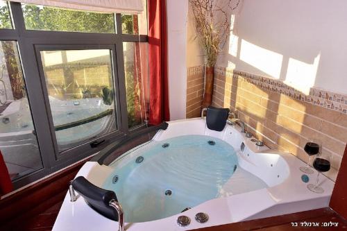 eine Badewanne im Bad mit Fenster in der Unterkunft Hahar Aatzil in H̱azon
