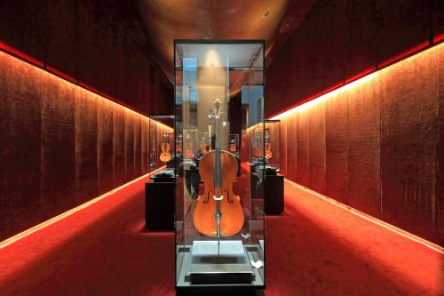 a violin in a glass case in a room at AT HOME IN CREMONA in Cremona