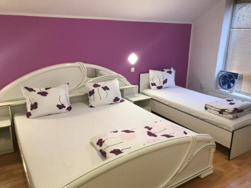 2 Betten in einem Zimmer mit lila Wänden in der Unterkunft Pension Eclipse in Oradea