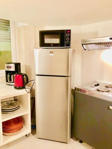 un micro-ondes au-dessus d'un réfrigérateur dans une cuisine dans l'établissement appartement Monaco Beausoleil, à Beausoleil