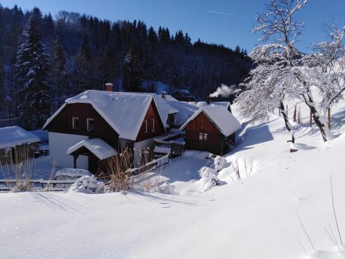 a house covered in snow in a snowy field at U Veselé lišky in Hutisko