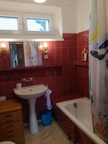 a bathroom with a sink and a tub and a sink and a mirror at Apartament Mamamiry in Głuchołazy