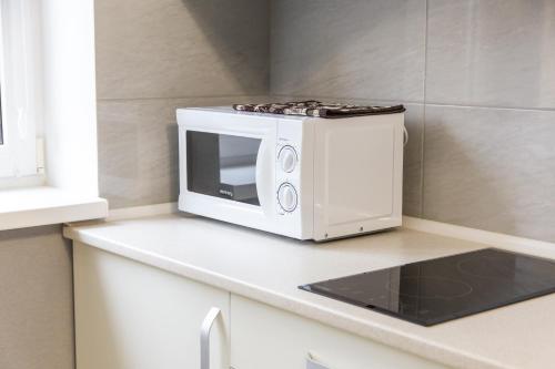 a microwave sitting on top of a counter in a kitchen at Apartments near Dolphinarium in Truskavets