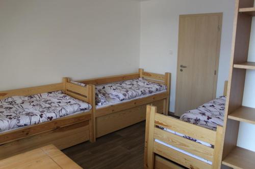 a bedroom with two bunk beds and a closet at Buchtův statek in VendolÃ­