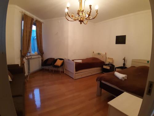sala de estar con 2 camas y lámpara de araña en Belleview Apartments, en Tiflis