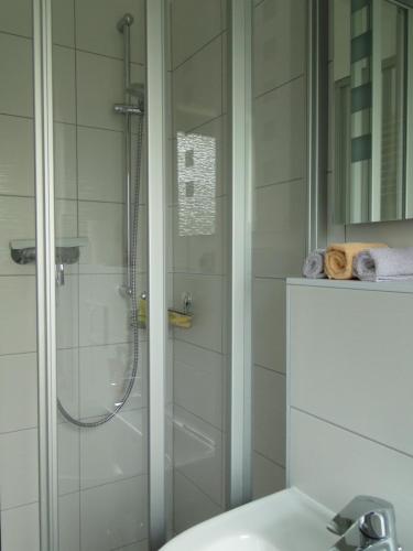 ein Bad mit einer Dusche und einem Waschbecken in der Unterkunft Haus St. Josef in Vallendar