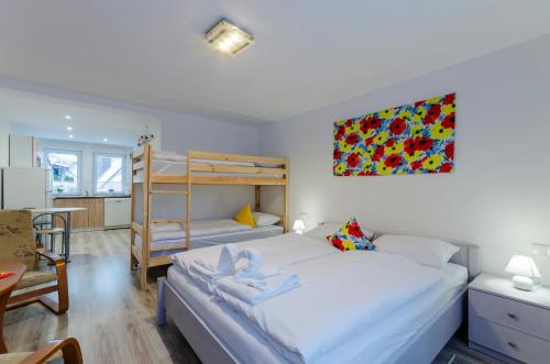 een slaapkamer met 2 bedden en een stapelbed bij Apartament "Rodzinny zakątek" in Duszniki Zdrój