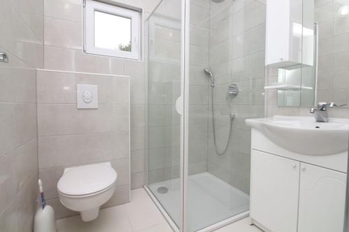 ein Bad mit einer Dusche, einem WC und einem Waschbecken in der Unterkunft Bozo Alviz in Raslina