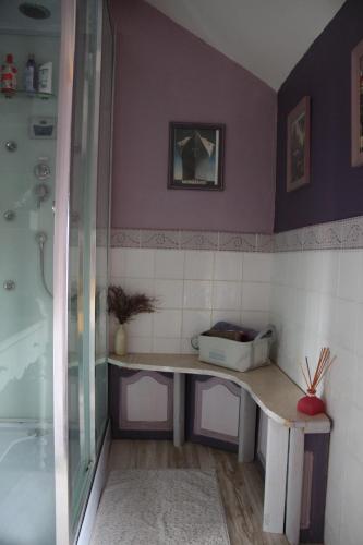 a bathroom with a shower and a table and a tub at Le Ch'tipanier in Morcenx