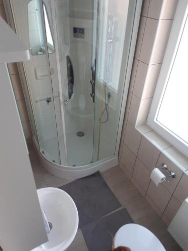 a bathroom with a shower and a toilet and a sink at Apartmani Salic in Osijek